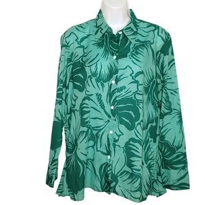 Liz Claiborne Sport Hawaiian Hibiscus Shirt M Cotton Button Long Sleeve Green